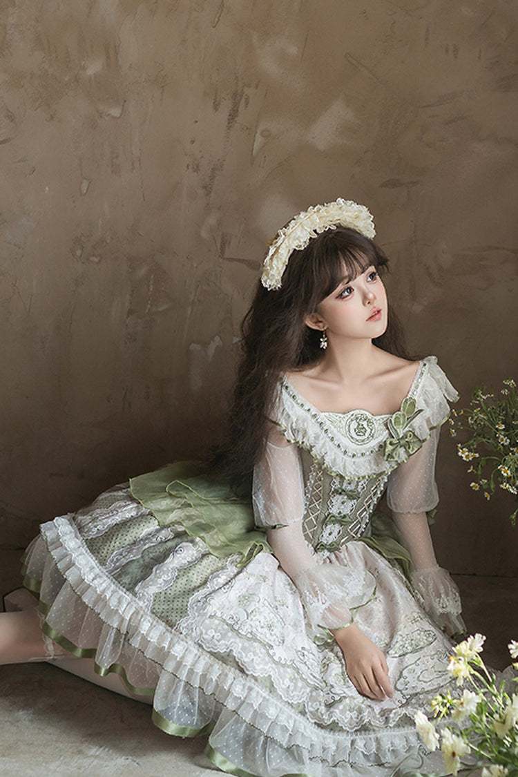 Green Teacup Rabbit Little Fresh Print Ruffle Bowknot Lace Lace-Up Sweet Lolita OP Dress