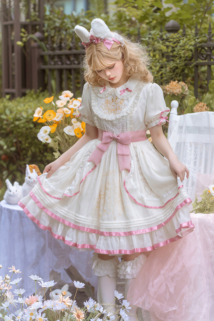 White/Pink Short Sleeves Multi-layer Ruffle Bowknot Sweet Lolita Dress