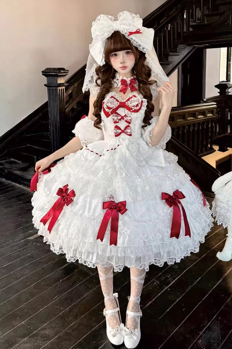 White Dream of the Misty Moon Sleeveless Multi-Layered Ruffled Bow Lace Pearl-Decorated Sweet Princess Lolita Jsk Dress