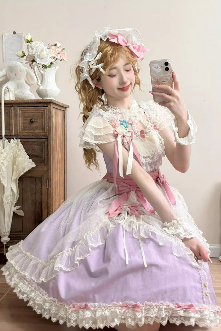 Purple Sakura's Spring Resonance Sleeveless Ruffled Bow Sweet Lolita Jsk Dress (Short Version)