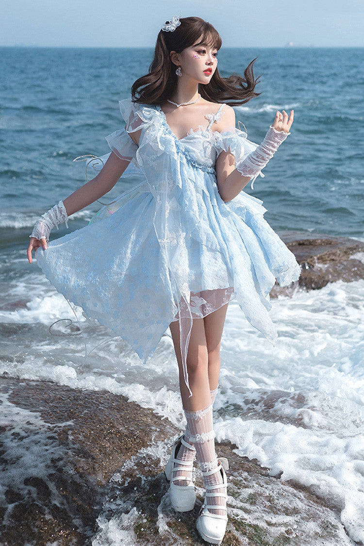 Blue Summer of Bubbles Sleeveless Ruffle Embroidery Lace Irregular Short Sweet Lolita Jsk Dress