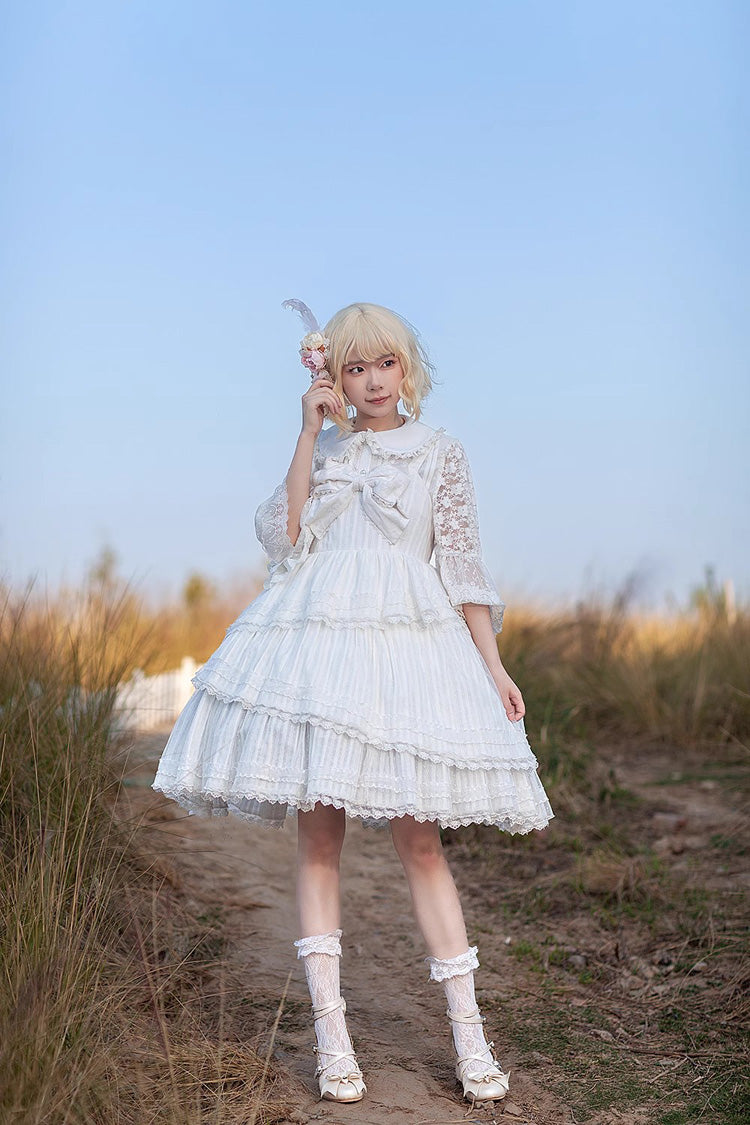 White Solid Color Tower of Dawn Bowknot Sleeveless Ruffle Sweet Lolita Dress
