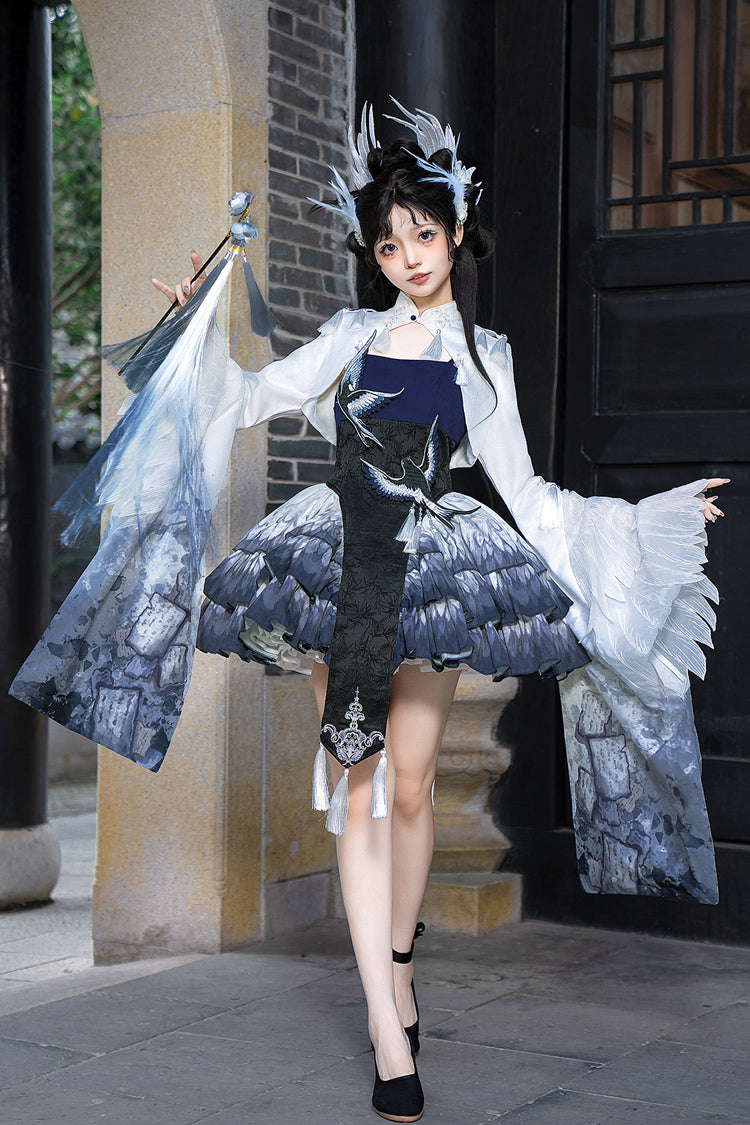 Dark Blue Feathered Finch Multi-Layered Print Ruffle Classic Chinese Style Lolita Jsk Dress Set