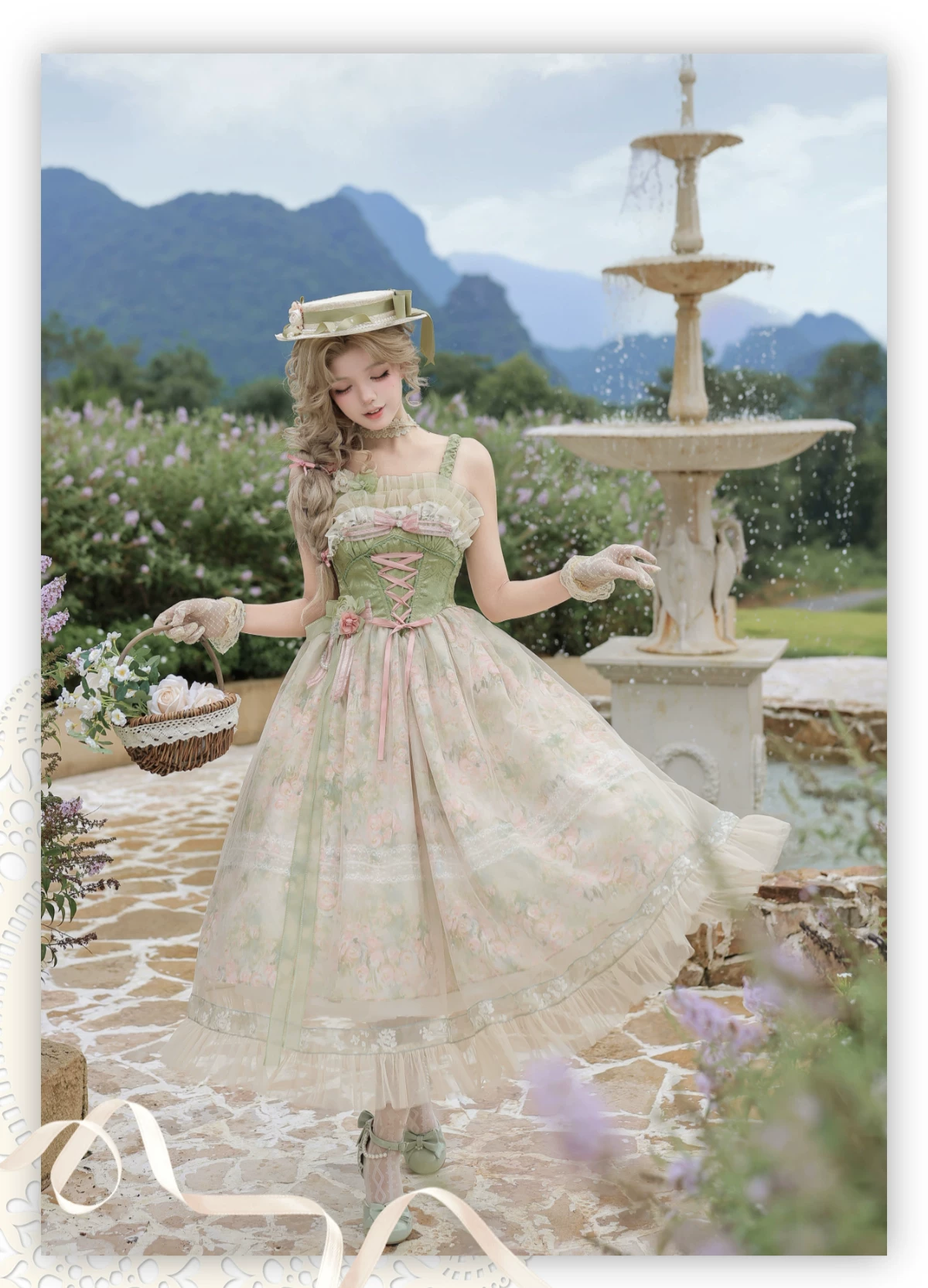 Green Floral Sleeveless Corset Ruffled Mesh Sweet Princess Vintage Lolita Jsk Dress