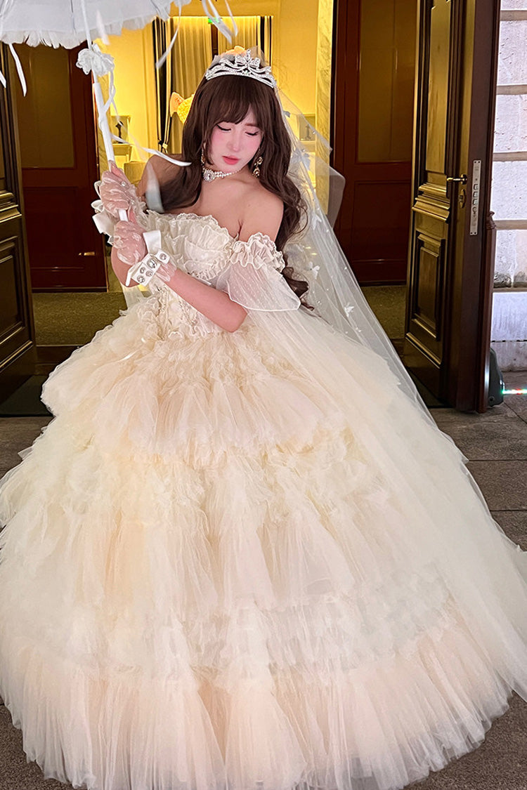 White Maiden's Love Off Shoulder Triple-Layered Ruffled Hanayome Bow Lace Sweet Princess Lolita Dress