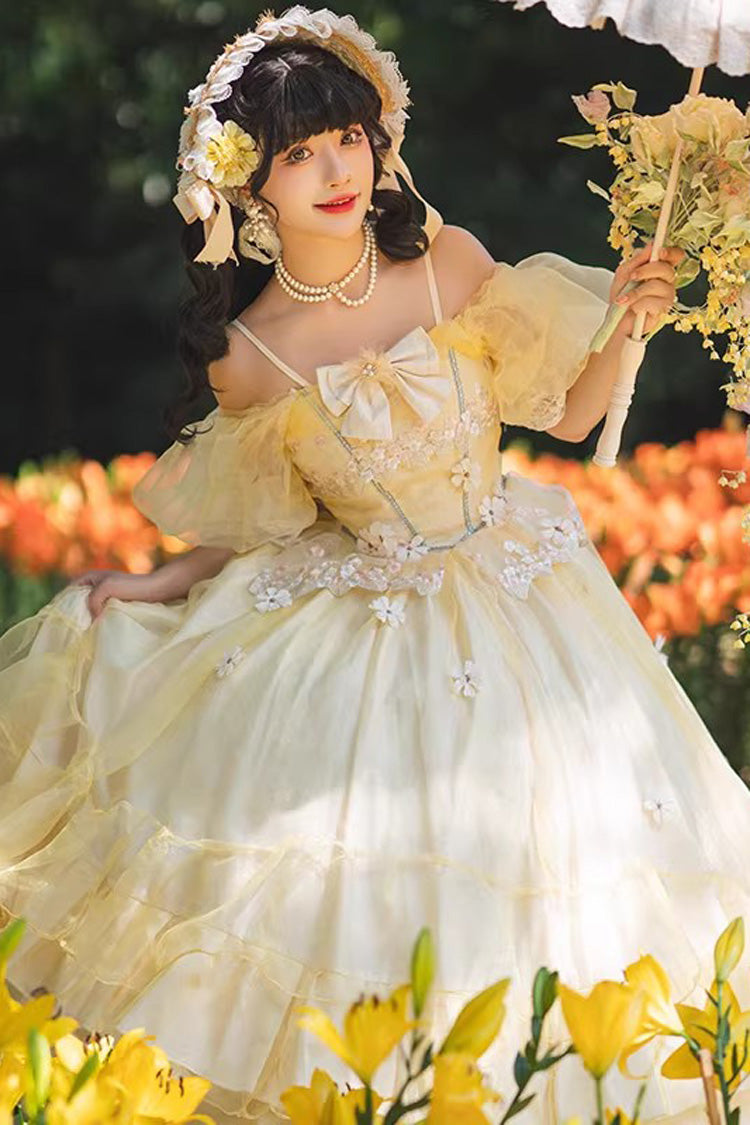 Yellow Off Shoulder Short Sleeves Triple-Layered Ruffle Hanayome Bowknot Lace Sweet Plus Size Lolita Dress