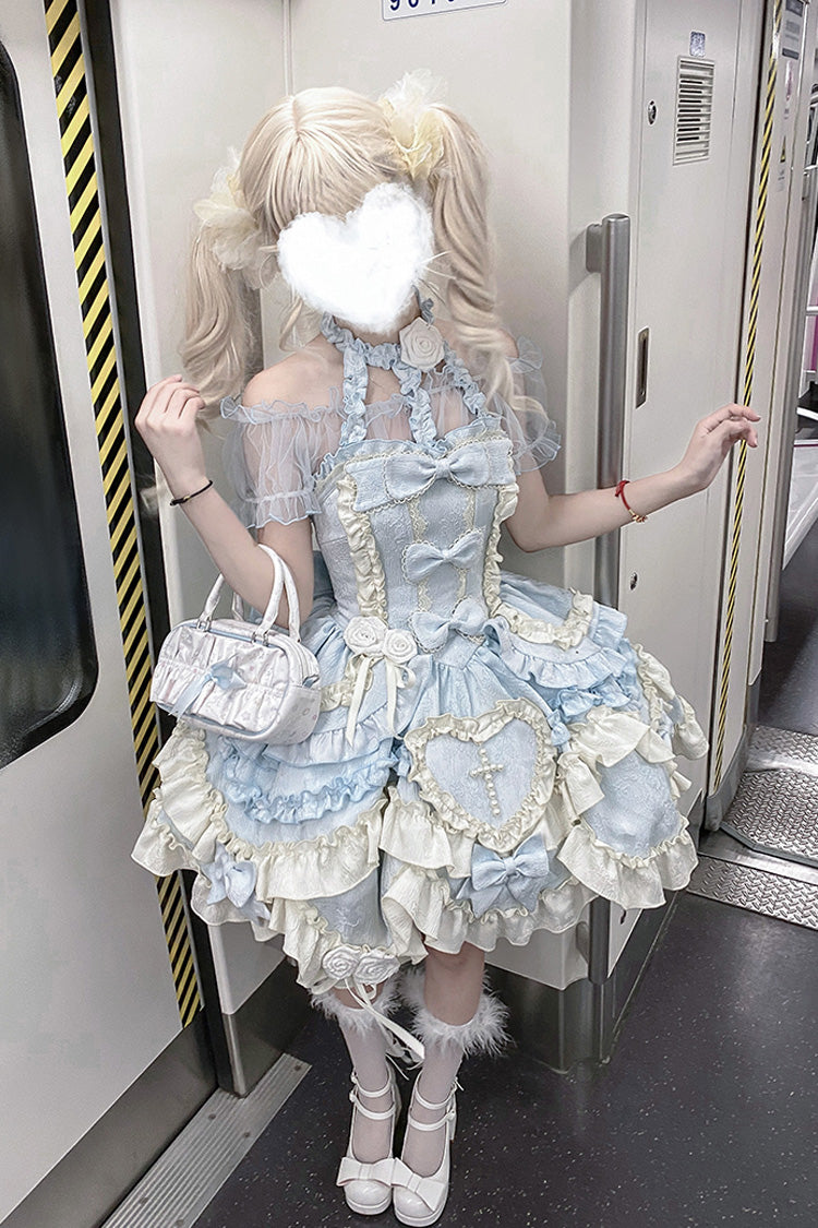 Blue Heart of Butterfly Halterneck Sleeveless Multi-Layered Ruffle Embroidery Princess Ballet Lolita Jsk Dress Set