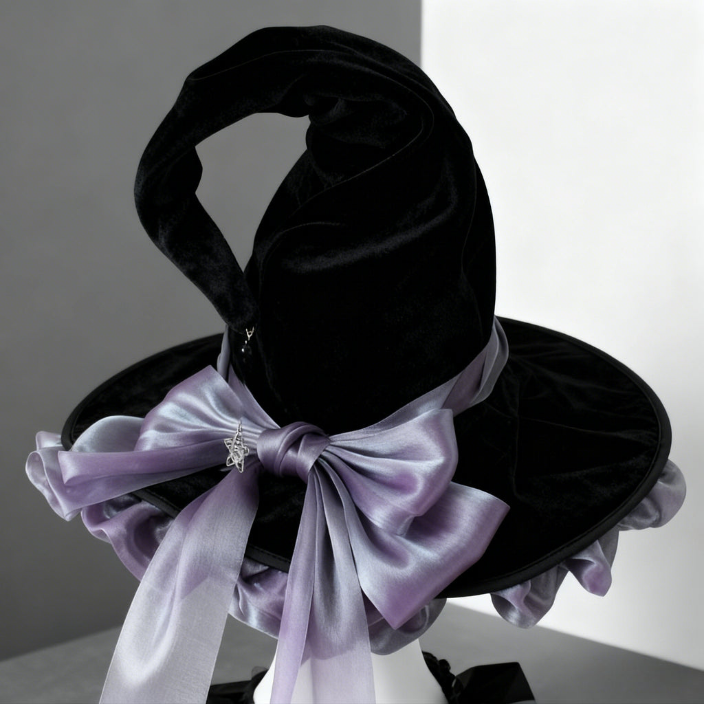 Lolita Witch Hat Midnight Black Velvet Wizard with Lavender Ribbon Bow and Ruffled Trim