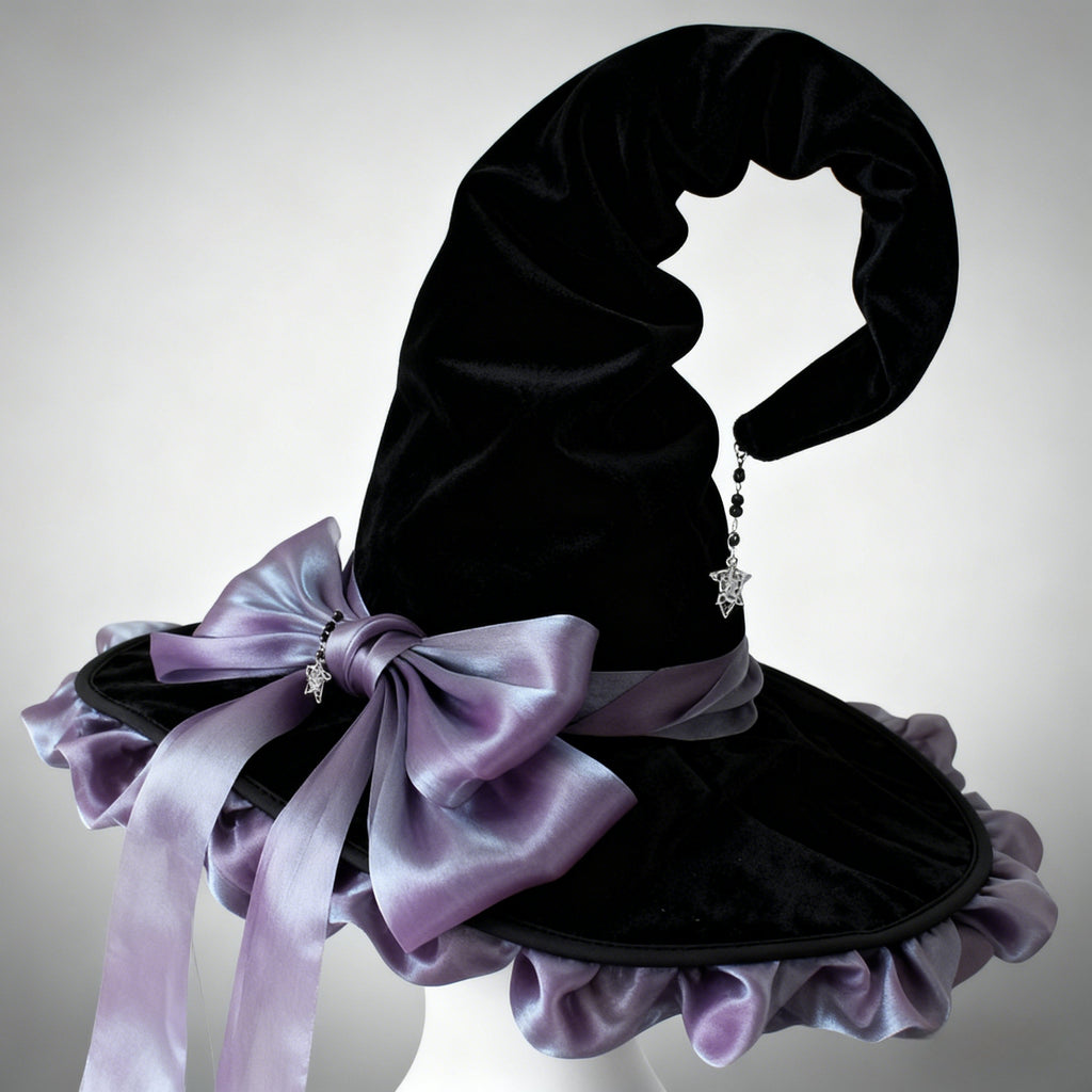 Lolita Witch Hat Midnight Black Velvet Wizard with Lavender Ribbon Bow and Ruffled Trim