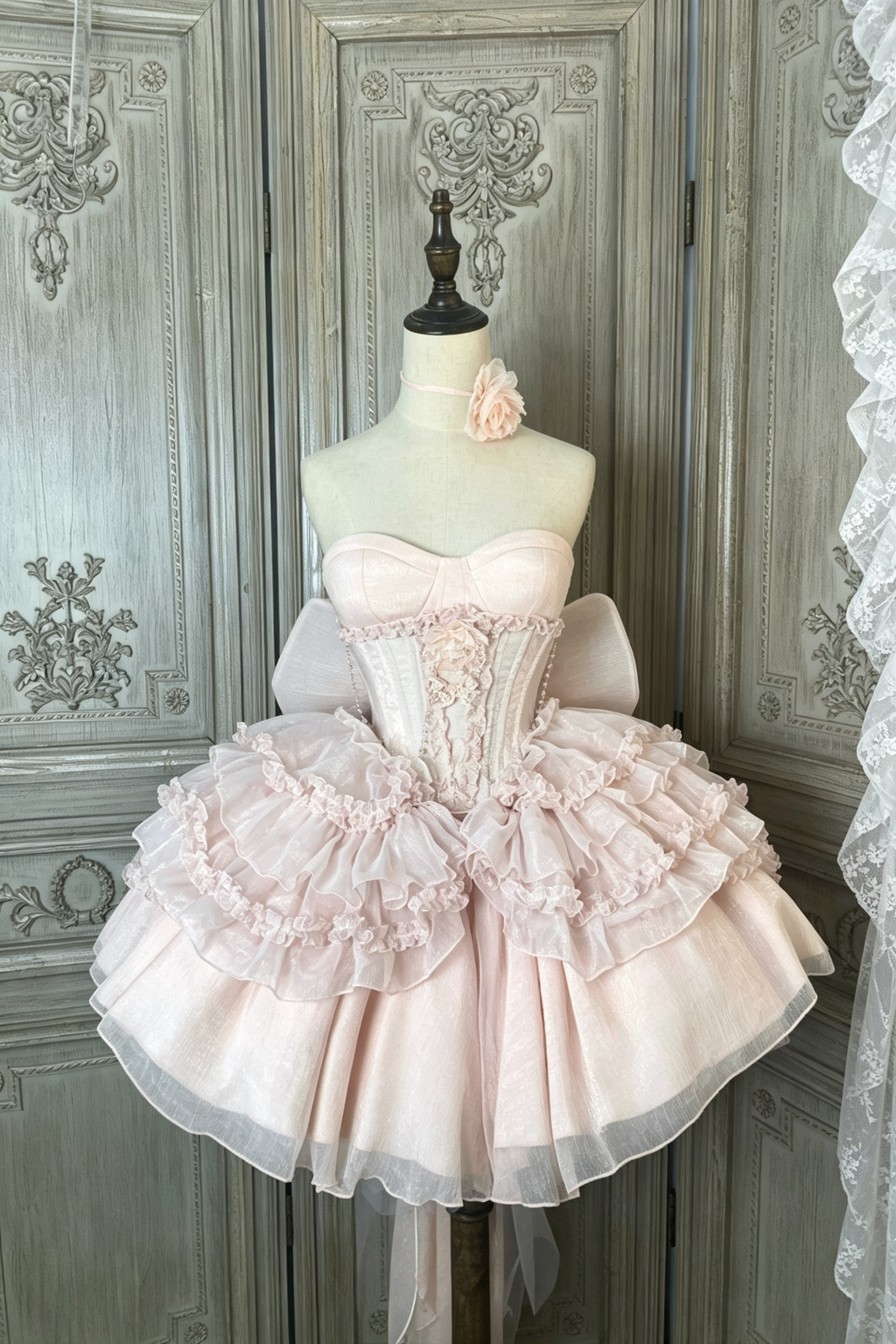 Pink Strapless Multi-Layered Ruffled Flower Corset Sweet Princess Ballet Lolita JSK Dress
