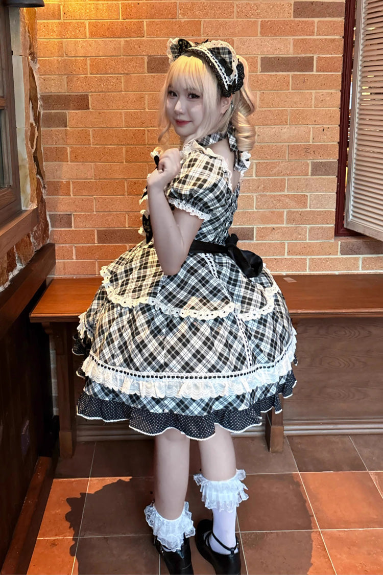Black/White Shibuya Sweetheart Short Sleeves Plaid Print Ruffle Bowknot Sweet Lolita OP Dress (Plus Size Support)
