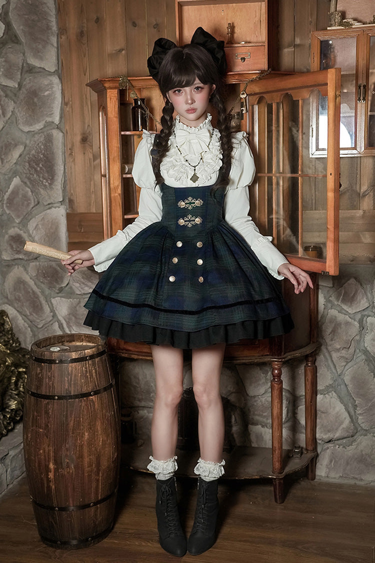 Blue/Green Berlin's letter Double-Layered Plaid Print Ruffle Bowknot Classic College Style Lolita Strap Dress Set 2 Versions