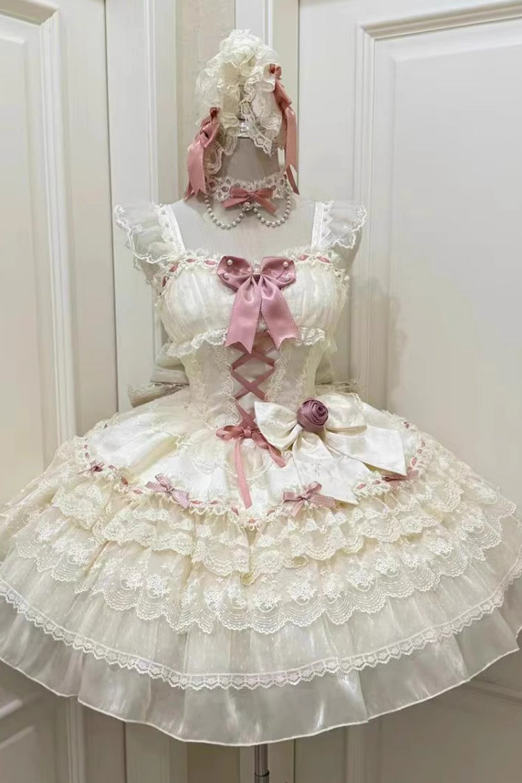 Apricot Rose Canticle Sleeveless Multi-Layered Bowknot Lace Lace-Up Pearl Ballet Sweet Lolita Jsk Dress