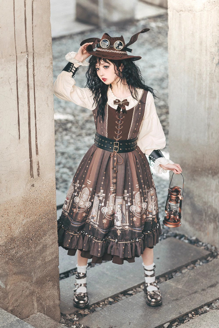 Demon Hunting Notes Long Lantern Sleeves Print Ruffle Sweet Elegant Lolita Dress 2 Colors