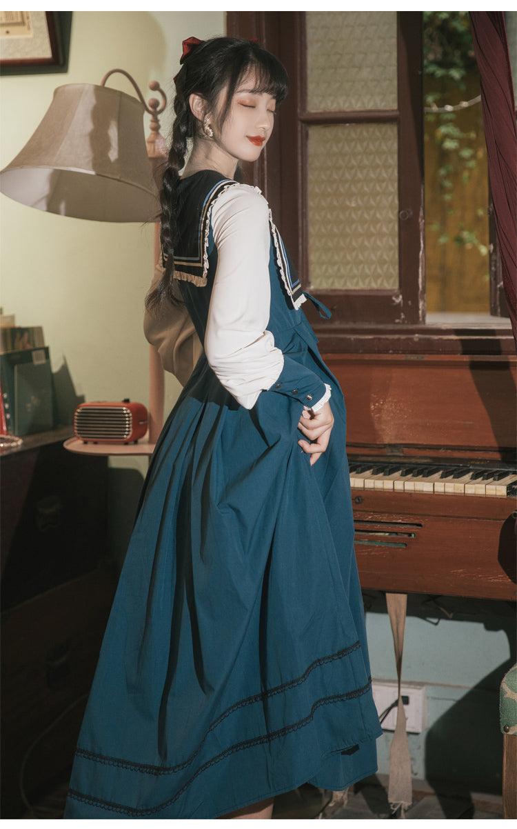 Multi-Color Retro Doll Collar Long Lantern Sleeves High Waist Embroidery Sweet Lolita OP Dress