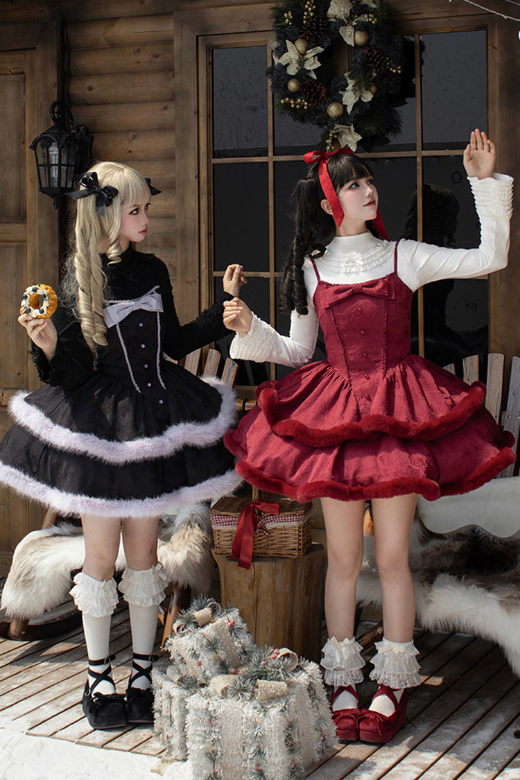 Winter's Wish Double-Layered Jacquard Bowknot Furry Sweet Lolita Jsk Dress 2 Colors