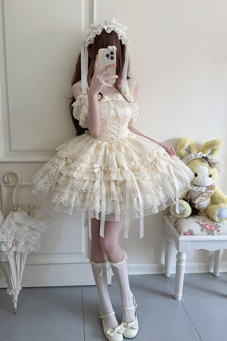 Apricot Ribbon Heart Love Sleeveless Multi-Layered Ruffle Bowknot Lace Lace-Up Sweet Princess Ballet Lolita Jsk Dress