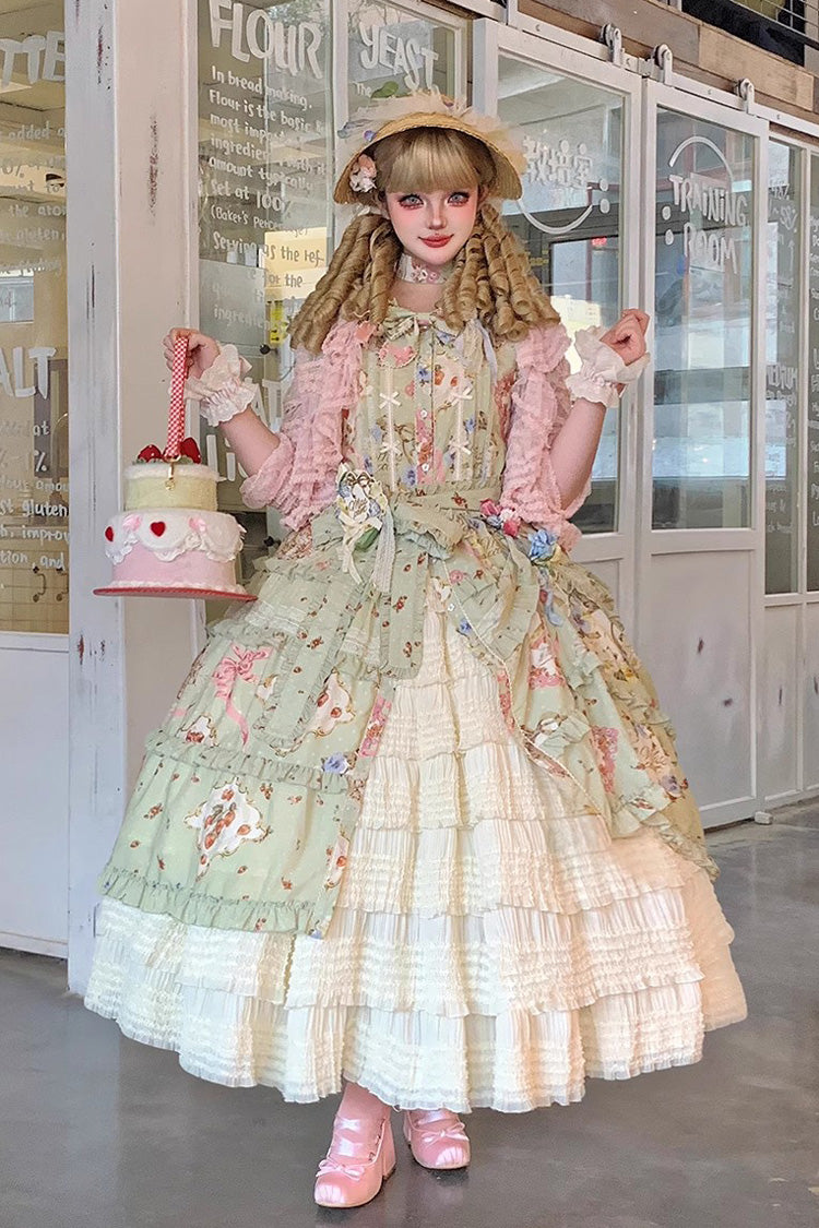 Green Cat Rose Tea Short Sleeves Print Ruffle Cardigan Bowknot Daily Sweet Lolita Dress