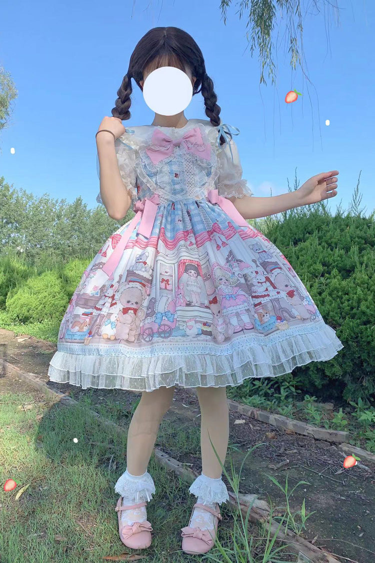 Blue/Pink Plush Bear and Doll Print Ruffle Bowknot Lace Sweet Lolita Jsk Dress