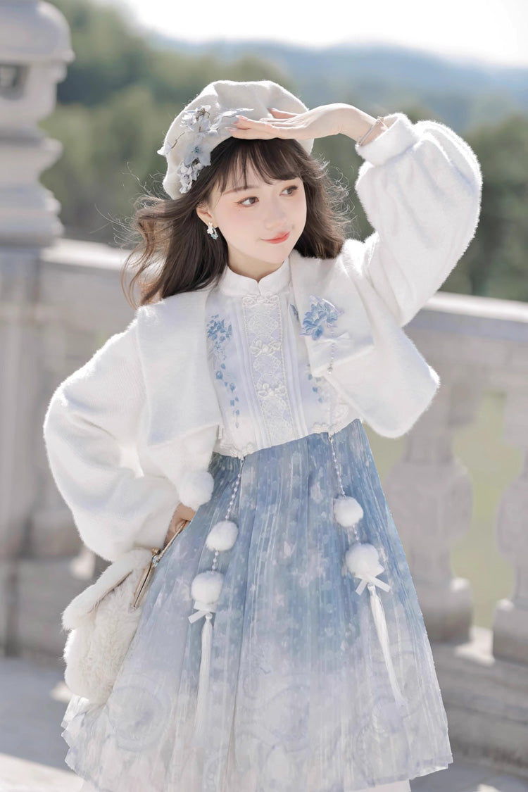 White/Blue Long Sleeves Print Ruffle Chinese Style Princess Sweet Lolita Jsk Dress Set