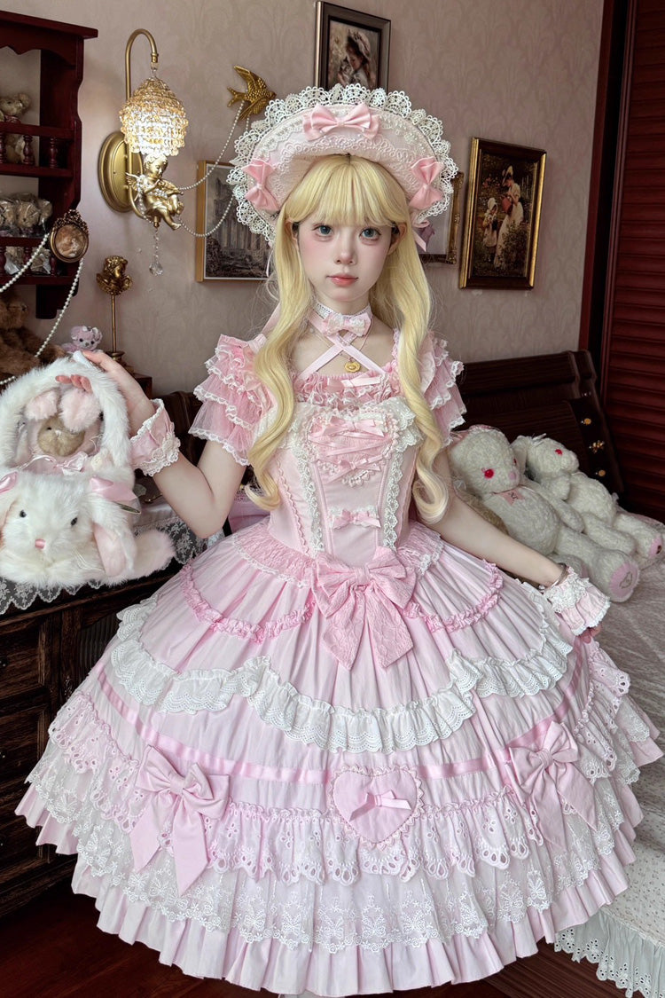 Pink Super Cute Belia Sleeveless Triple-Layered Ruffle Bowknot Lace Sweet Elegant Lolita Jsk Dress