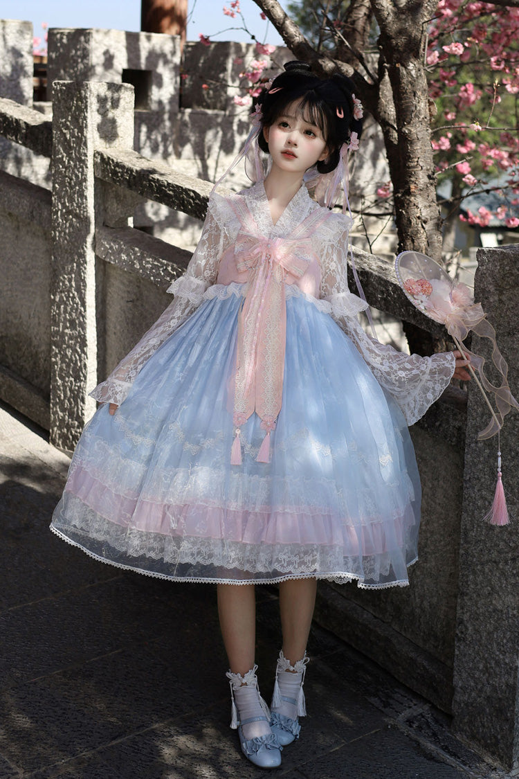 Peach Blossoms in Spring Fields Sleeveless Ruffle Bowknot Lace Sweet Chinese Style Lolita Jsk Dress 3 Colors