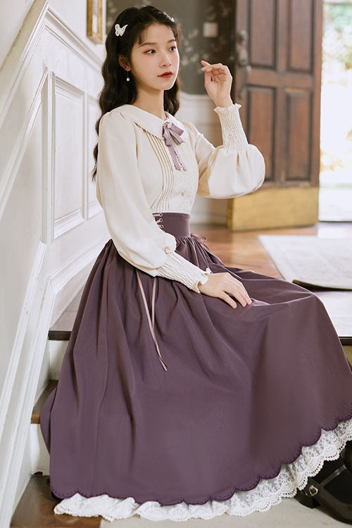 Solid Color High Waisted Lace Wave Hem Two Pieces Classic Lolita Dress