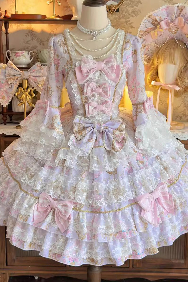 Purple Candlelight Elegance Long Trumpet Sleeves Multi-Layered Ruffle Bowknot Lace Sweet Elegant Lolita Dress