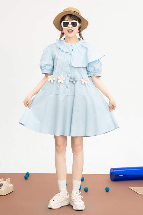 Blue Irregular Ruffled Round Collar Bubble Short Sleeves Waist With Flower Accessories High Waisted Sweet Lolita Dress