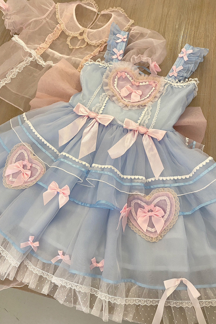 Blue/Pink Multi-layer Love Ruffle Bowknot Lace Sweet Lolita Jsk Dress