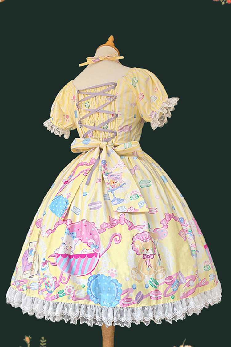 Macaron Dolly House Doll Collar Short Sleeves Print Bowknot Sweet Lolita Dress 3 Colors
