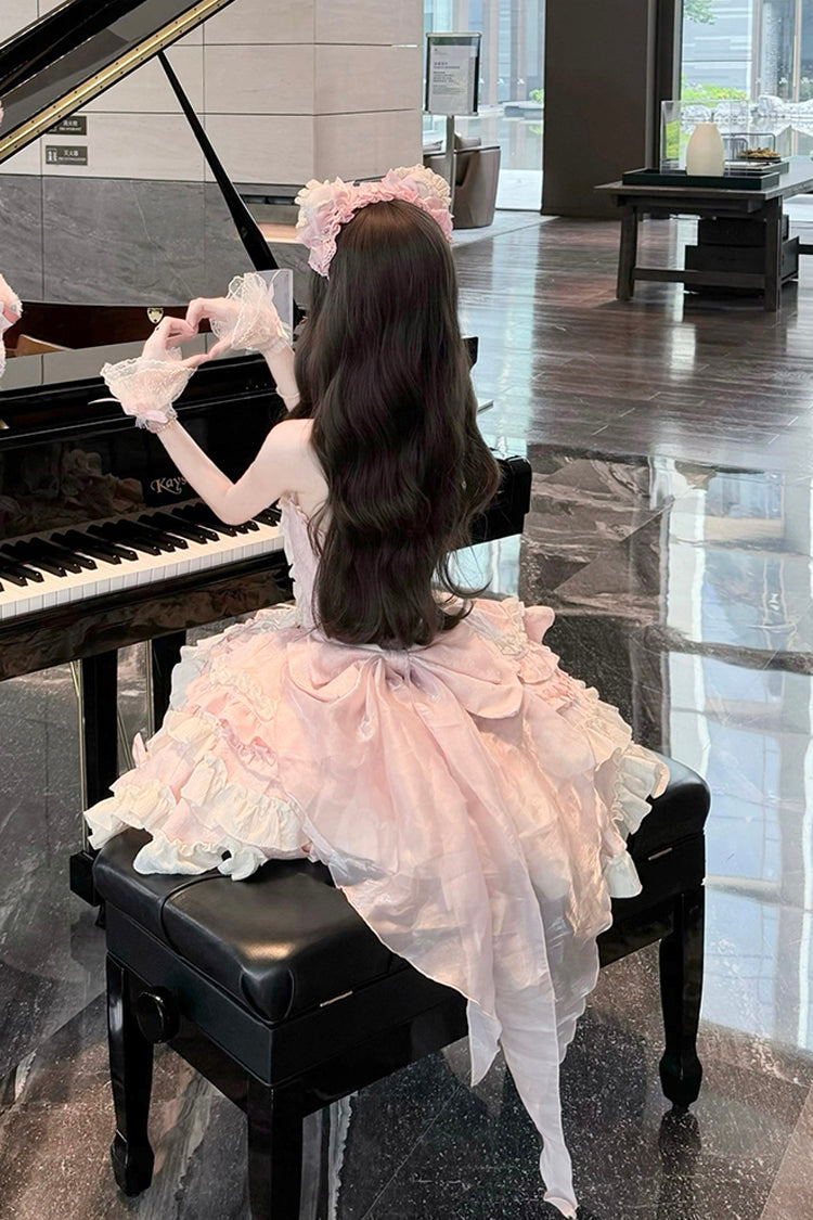 Pink Heart of Butterfly Halterneck Sleeveless Multi-Layered Ruffle Embroidery Princess Ballet Lolita Jsk Dress Set