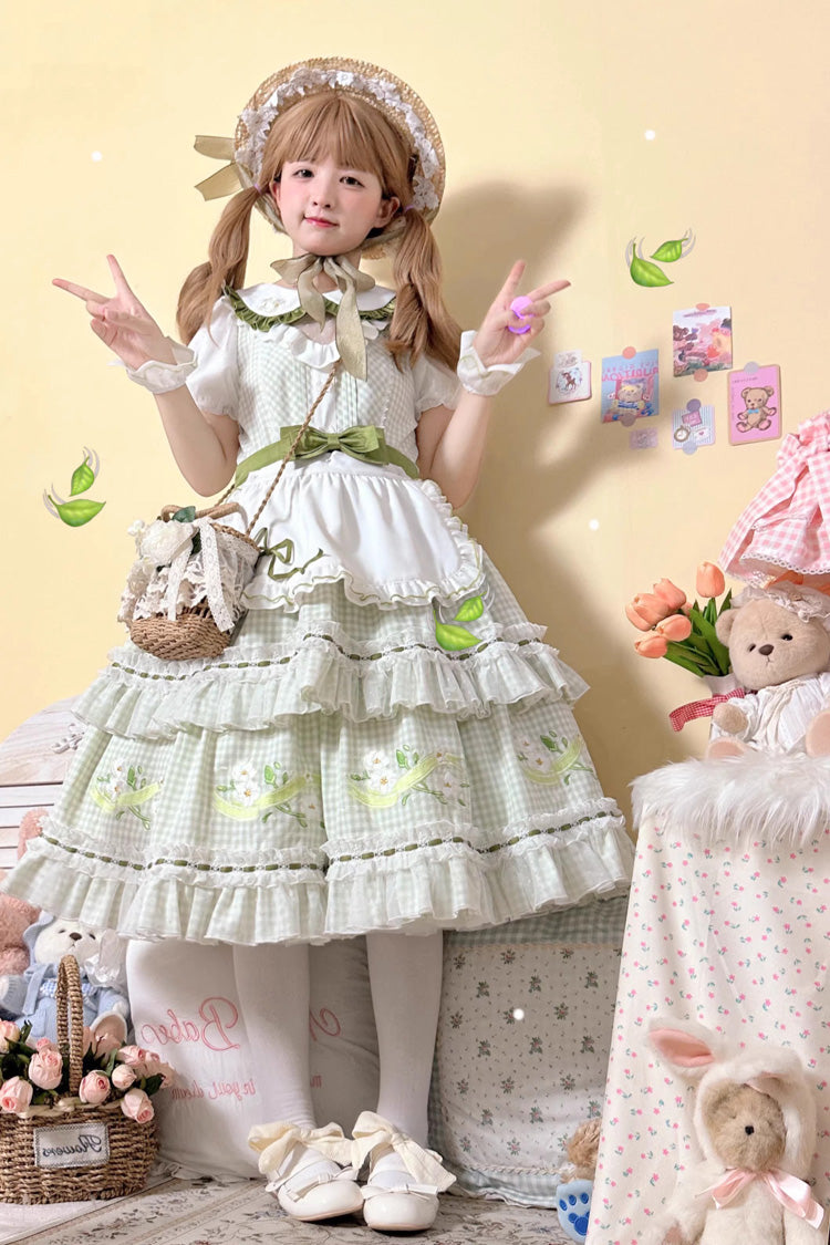 Green Doll Collar Short Sleeves Plaid Print Ruffle Hollow Embroidery Bowknot Sweet Elegant Lolita Dress