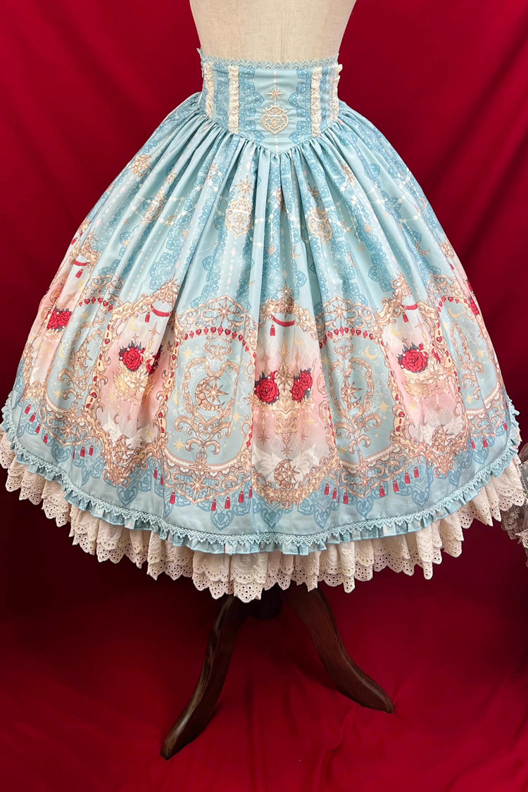 Blue Moonlit Garden Secret Print Ruffle Embroidery Lace Sweet Elegant Palace Lolita Skirt