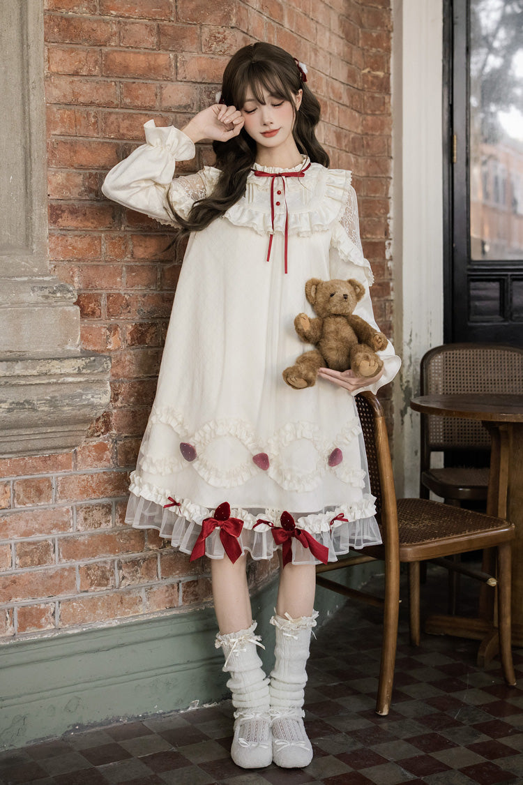 Ivory Strawberry Cream Cake Stand Collar Long Sleeves Ruffled Bow Lace Sweet Lolita Dress