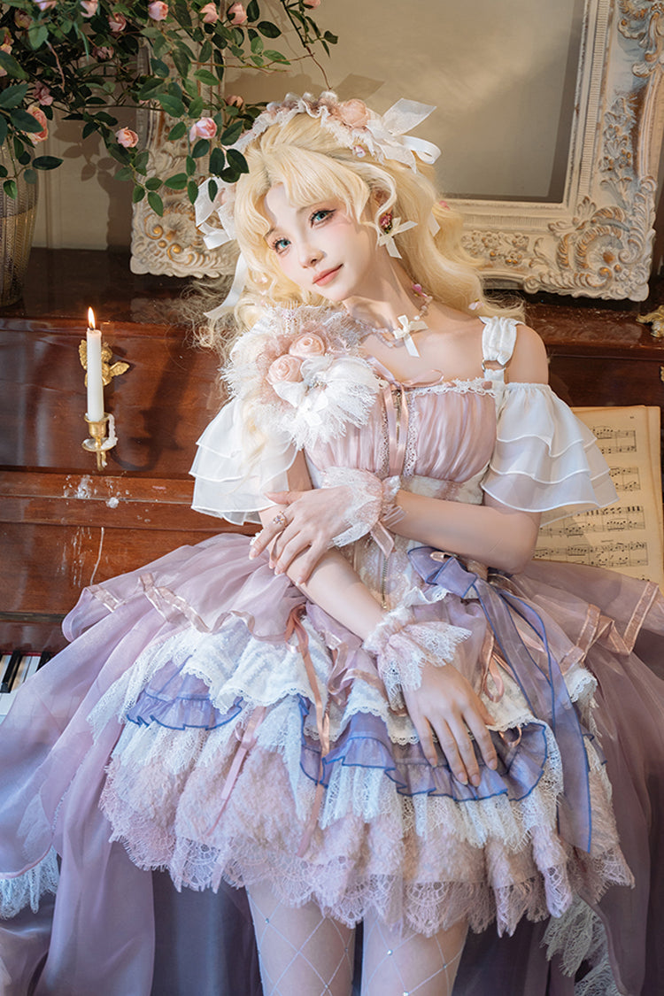 Pink/Purple Rose Memoirs Sleeveless Multi-Layered Bowknot Lace Sweet Lolita Skirt Set