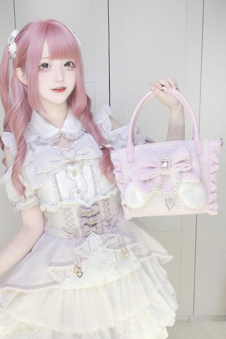 Sweet Ruffle Bowknot Zipper Pearl Chain Japanese Lolita Handbag 4 Colors