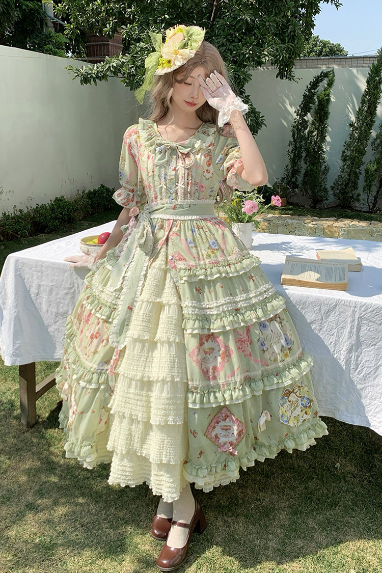 Green Cat Rose Tea Short Sleeves Print Ruffle Cardigan Bowknot Sweet Gorgeous Lolita Dress