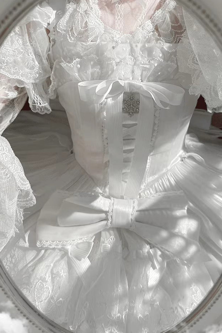 White/Pink Snow of Love Ruffled Hanayome Open-Front Bow Lace Sweet Princess Lolita Dress