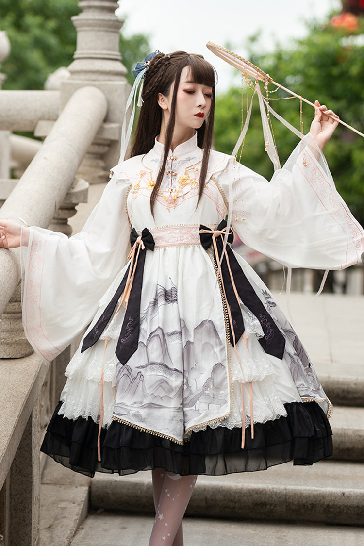 Chinese Style Long Sleeves Landscape Painting Print Bowknot Sweet Elegant Lolita Dress 2 Colors