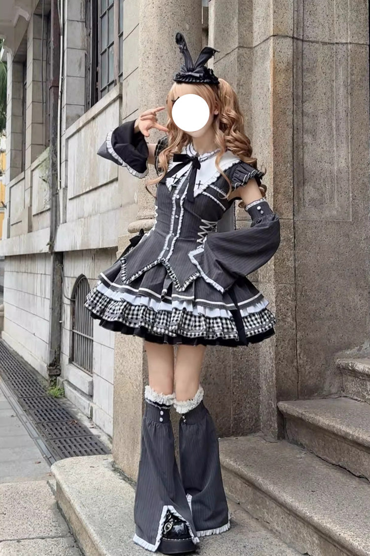 Black Berlin Covenant Detachable Sleeves Hime Sleeves Print Ruffle Bowknot Lace-Up Gothic Lolita Dress Set