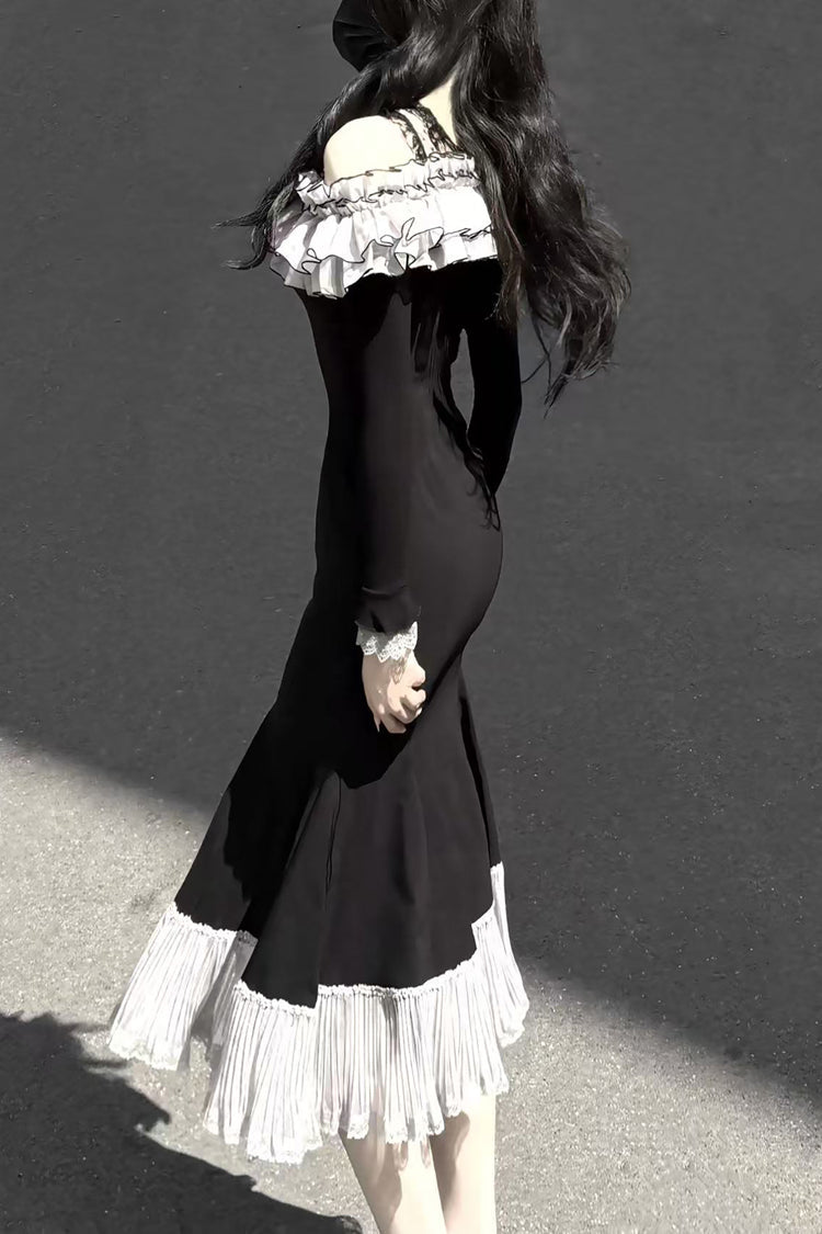 Black Night Cherry Blossoms Long Sleeves Ruffle Bowknot Daily Sweet Elegant Lolita Fishtail Dress