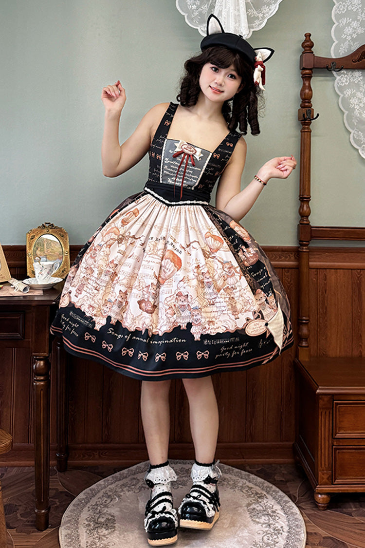 Black Fox Band Print Square Collar Bowknot Classic Lolita Jumper Dress