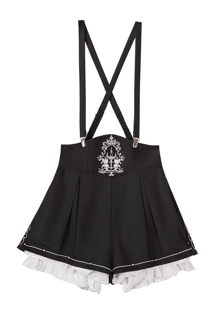 Black Rabbit-Ear Meteorite Stand Collar Long Sleeves Ruffled Embroidered Bow Gothic Ouji Lolita Shorts Vest Set