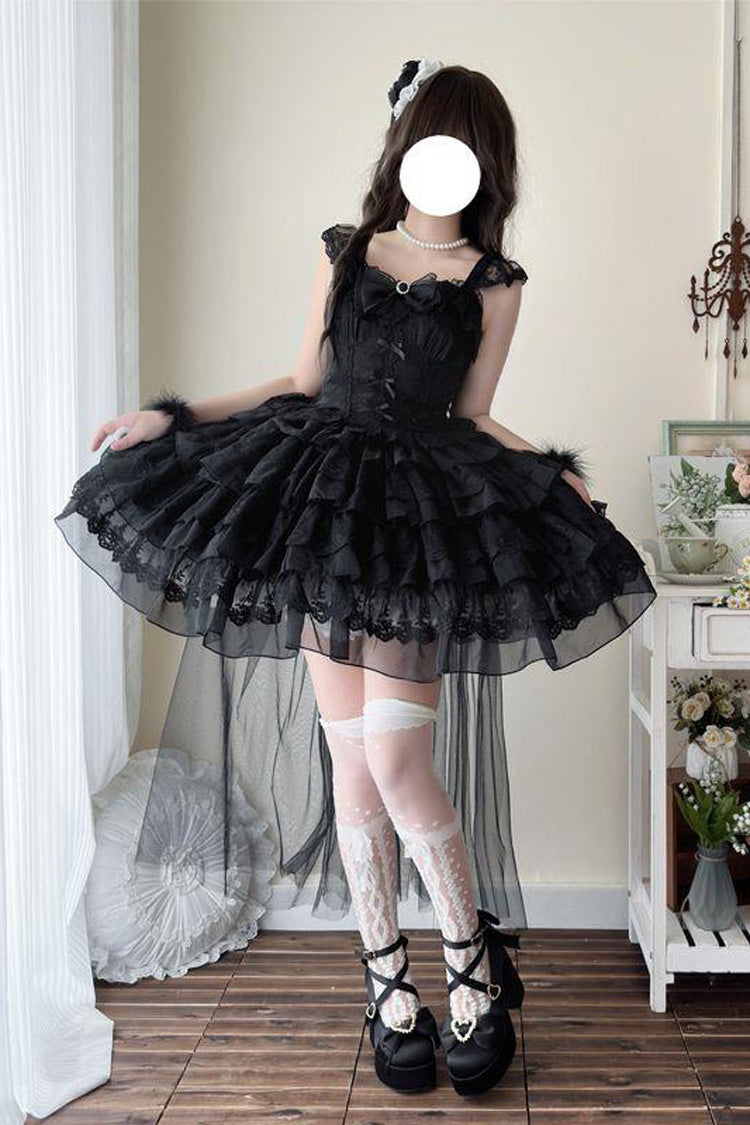 Black From Broken Wings to Rebirth Sleeveless Multi-Layered Ruffle Bowknot Lace-Up Gothic Ballet Lolita Jsk Dress