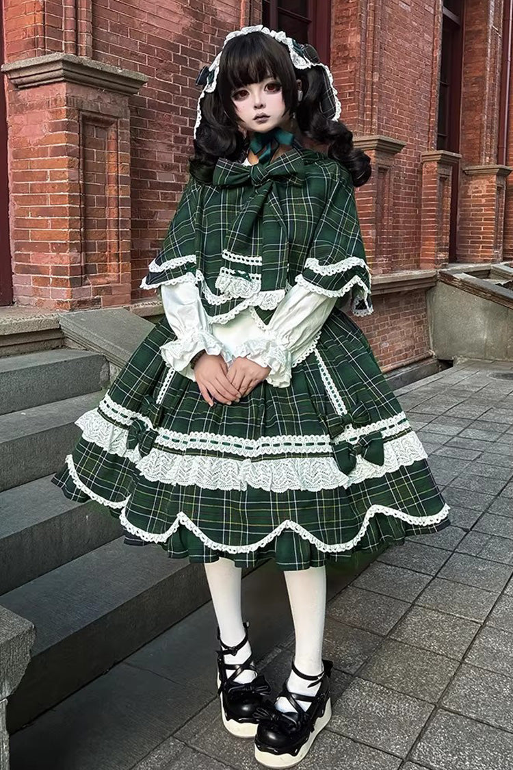 Green Gingham Petal Bunny Short Sleeves Printed Ruffled Bow Sweet Lolita OP Dress