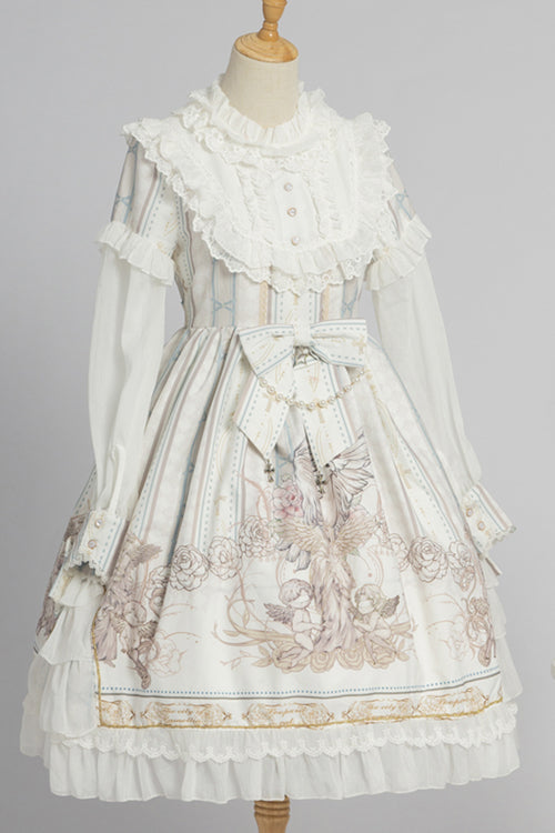 Round Collar Ruffled Long Sleeves Reunion World Print Classic Lolita OP Dress