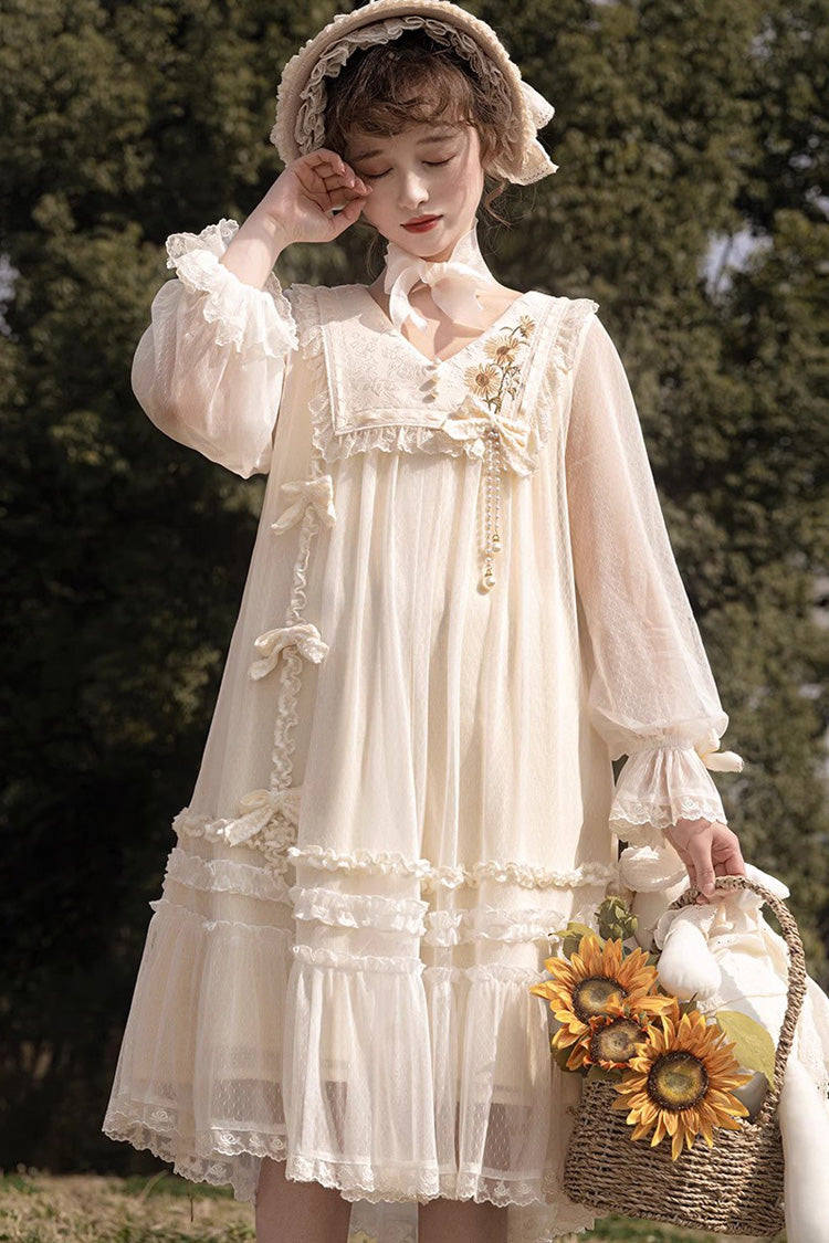 Ivory Sunflower Diary Long Sleeves Ruffle Embroidery Bowknot Lace Chiffon Sweet Princess Lolita Dress