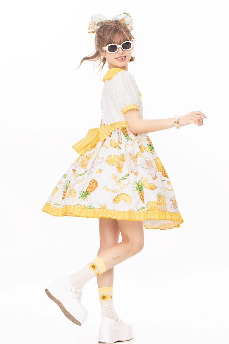 White/Yellow Sweet Duck Print Bowknot Puff Short Sleeves Lolita OP Dress