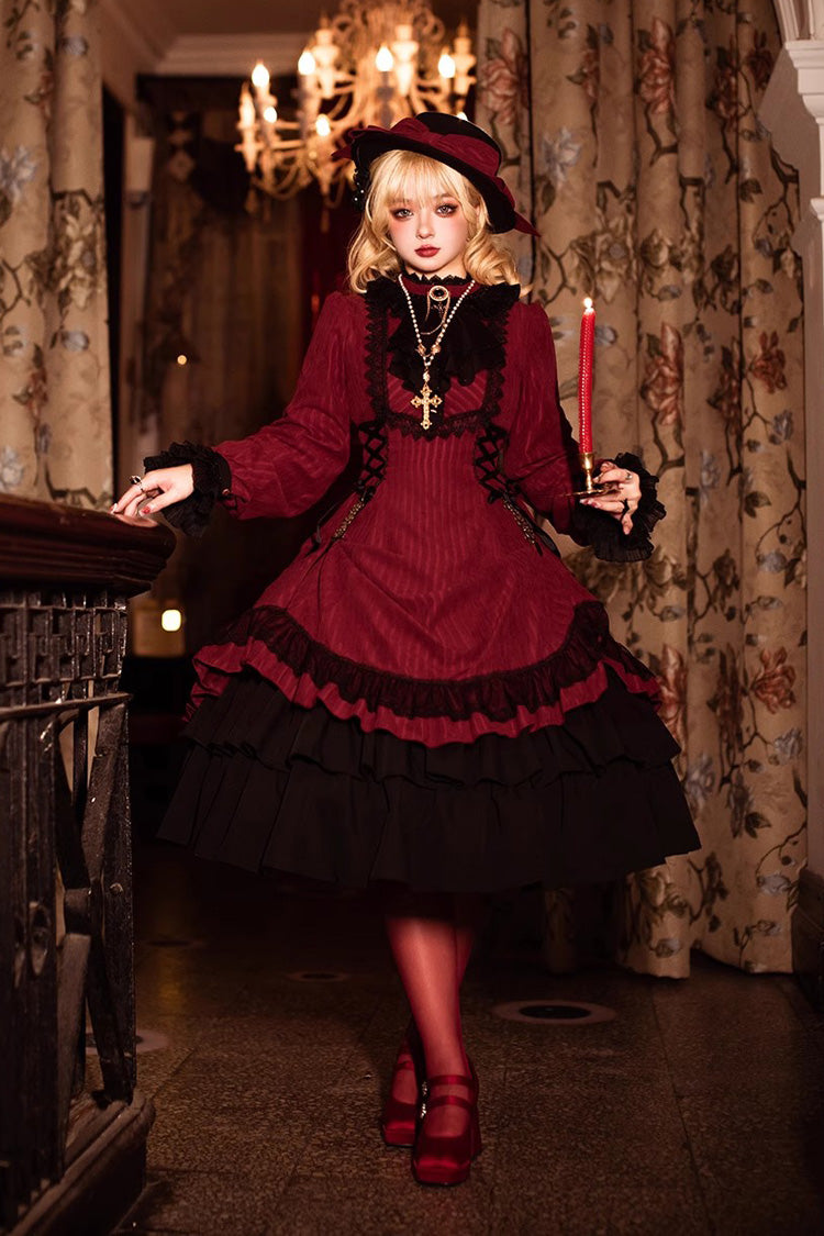 Point Manor Solid Color Stand Collar Long Sleeves Multi-layer Ruffle Gothic Lolita Dress 5 Colors